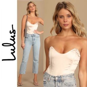 Splendidly Sultry Champagne Satin Strapless Bustier Bodysuit from Lulus